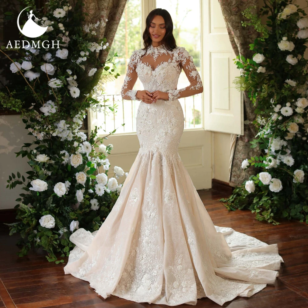 Aedmgh Abiti da sposa a sirena Collo alto Manica lunga Elegante Vestido De Novia Appliques Corte dei treni Abito da sposa sexy su misura