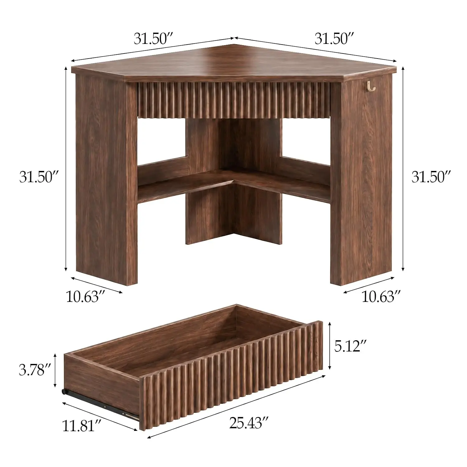 90-Degree Triangular Corner Desk with Fluted Drawer, Walnut, Customized