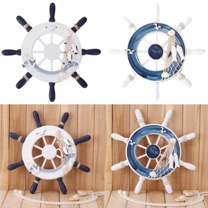 Of wood 23cm beach boat steering wheel fishing network wall decoration for home (blue) 8 Main Sales Madeira Steering Wheel - №3