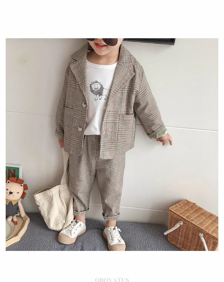 Neuer Karieranzug für Jungen, Blazer-Set, Kinder-Slim-Fit, Hochzeits- und Partykleidung, formelles Outfit im koreanischen Stil, cooler Jungen-Blazer, für 2, 3, 4, 5, 7, 9 Jahre – Detail 8