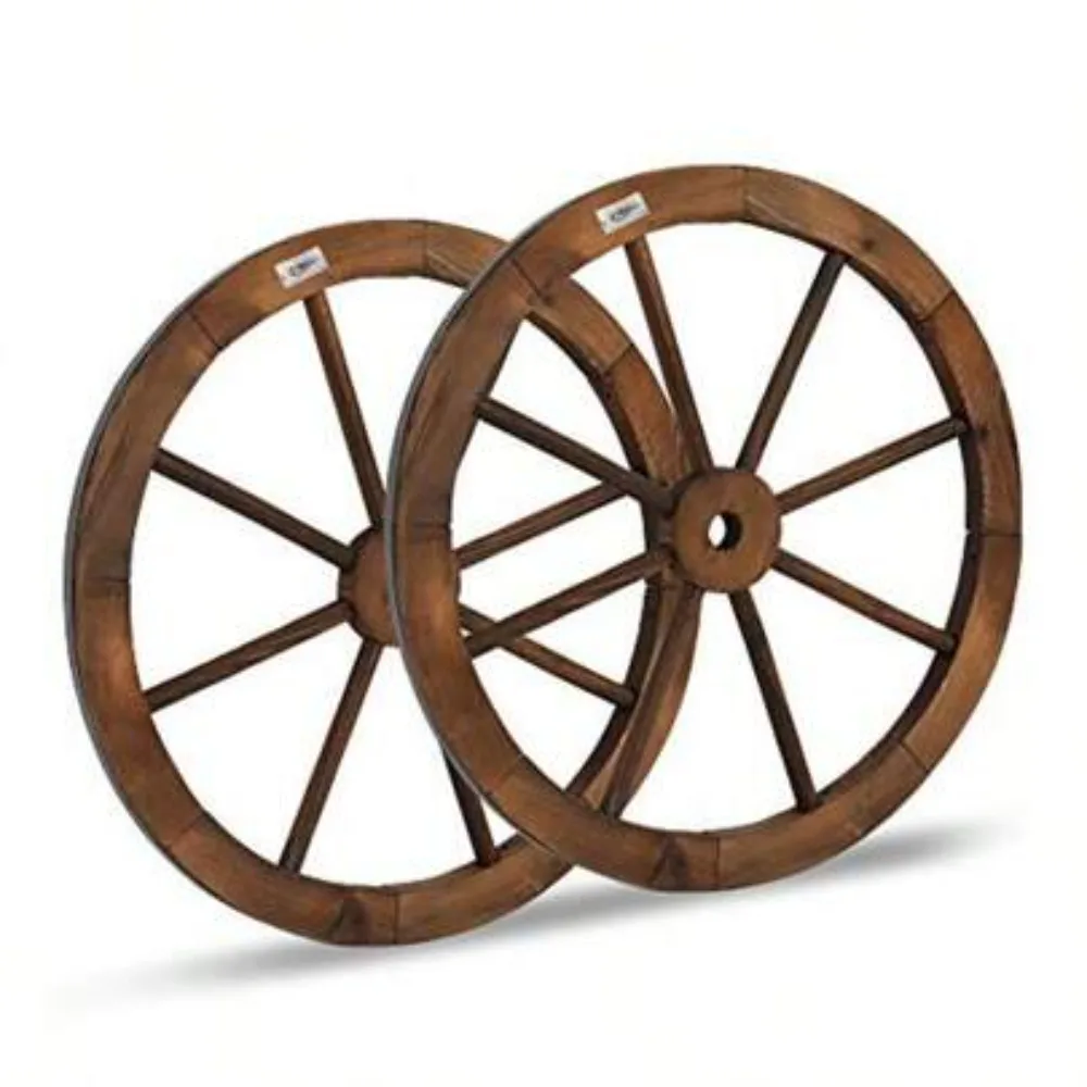 Vintage Rustic Wood Wagon Wheel Set of 2, Old Western Style Wall Hanging Decor for Farmhouse Bar Garage Patio, Carbonized Solid Fir Wood, 24 Inch Diameter with Authentic Distressed Finish