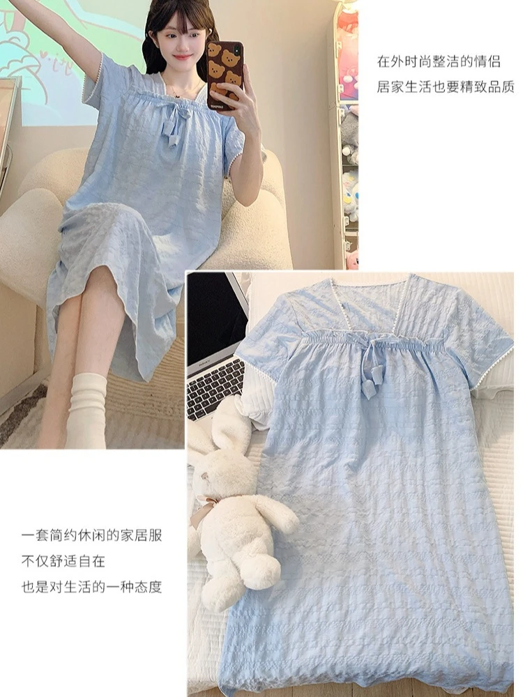 Women Plus Size Nightdress with Chest Pad Solid Cloud Cotton Pajamas Dress Summer Short Sleeved Loose Maternity Mid Home Clothes view 6