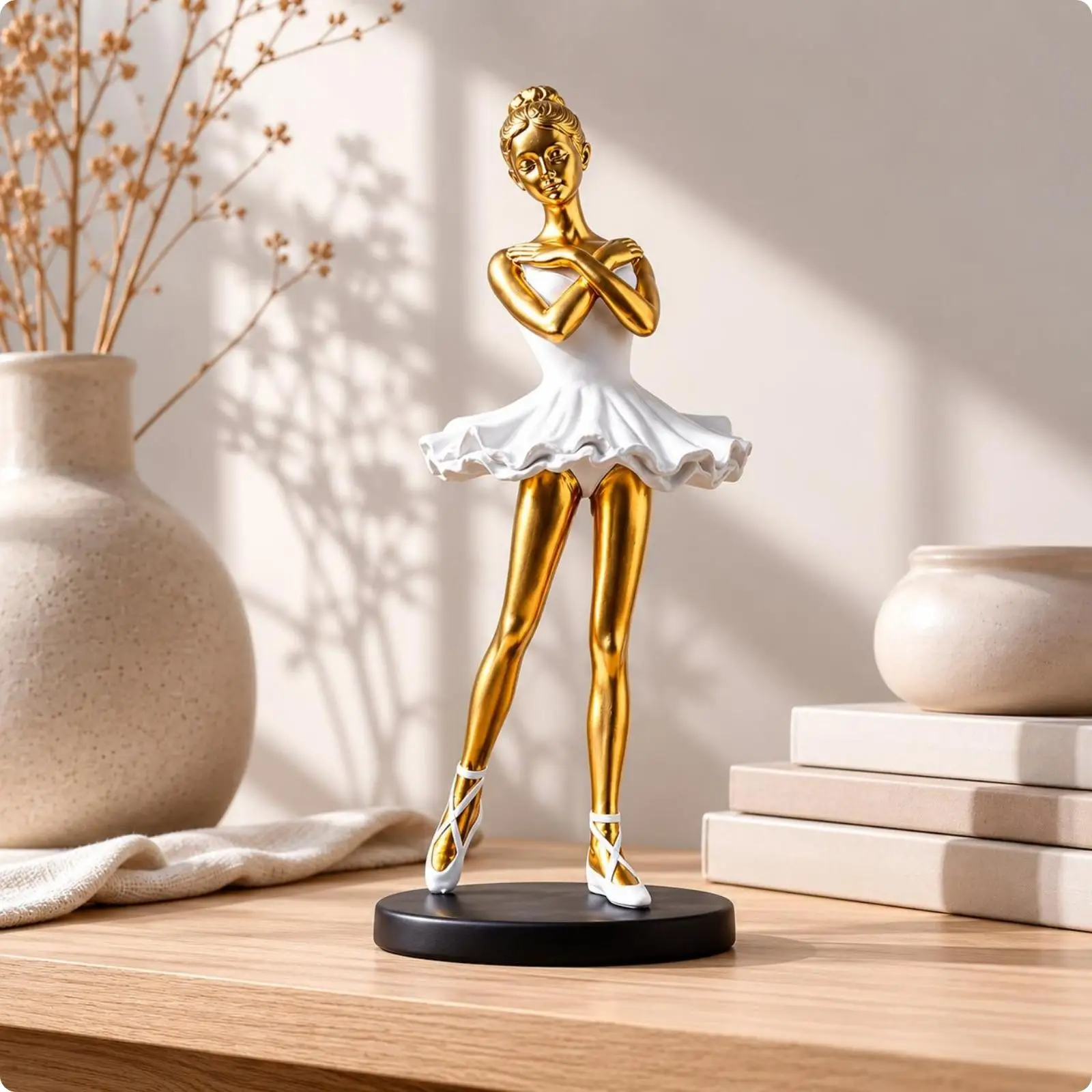 Poised Ballerina Resin Figurine Decorative Dance Statue Sculpture for Home Modern Art Decor Golden White Elegant Ornament