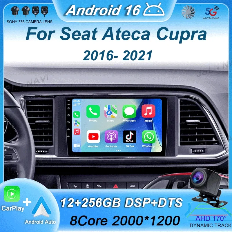 

Автомагнитола Carplay Android 16 для Seat Ateca Cupra 2016-2021 с Wi-Fi+4G, мультимедийный видеоплеер, навигация GPS, 2 din DVD, стереосистема