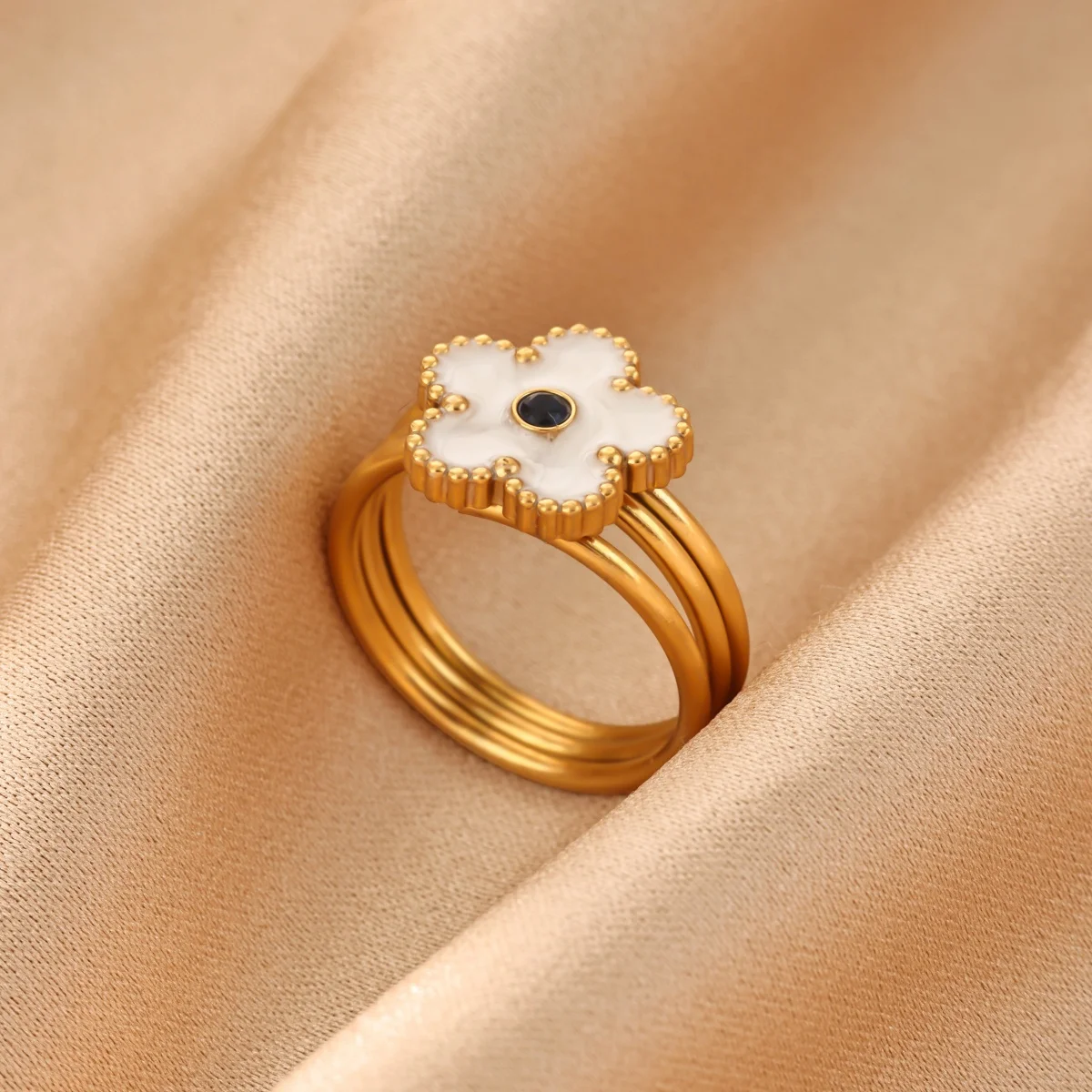 Vintage Weißer Emaille-Blumenring für Damen, Goldfarben, Edelstahl, Mehrschichtiger Gestapelter Ring mit Schwarzer Blume in der Mitte, Statement-Schmuck – Detail 8