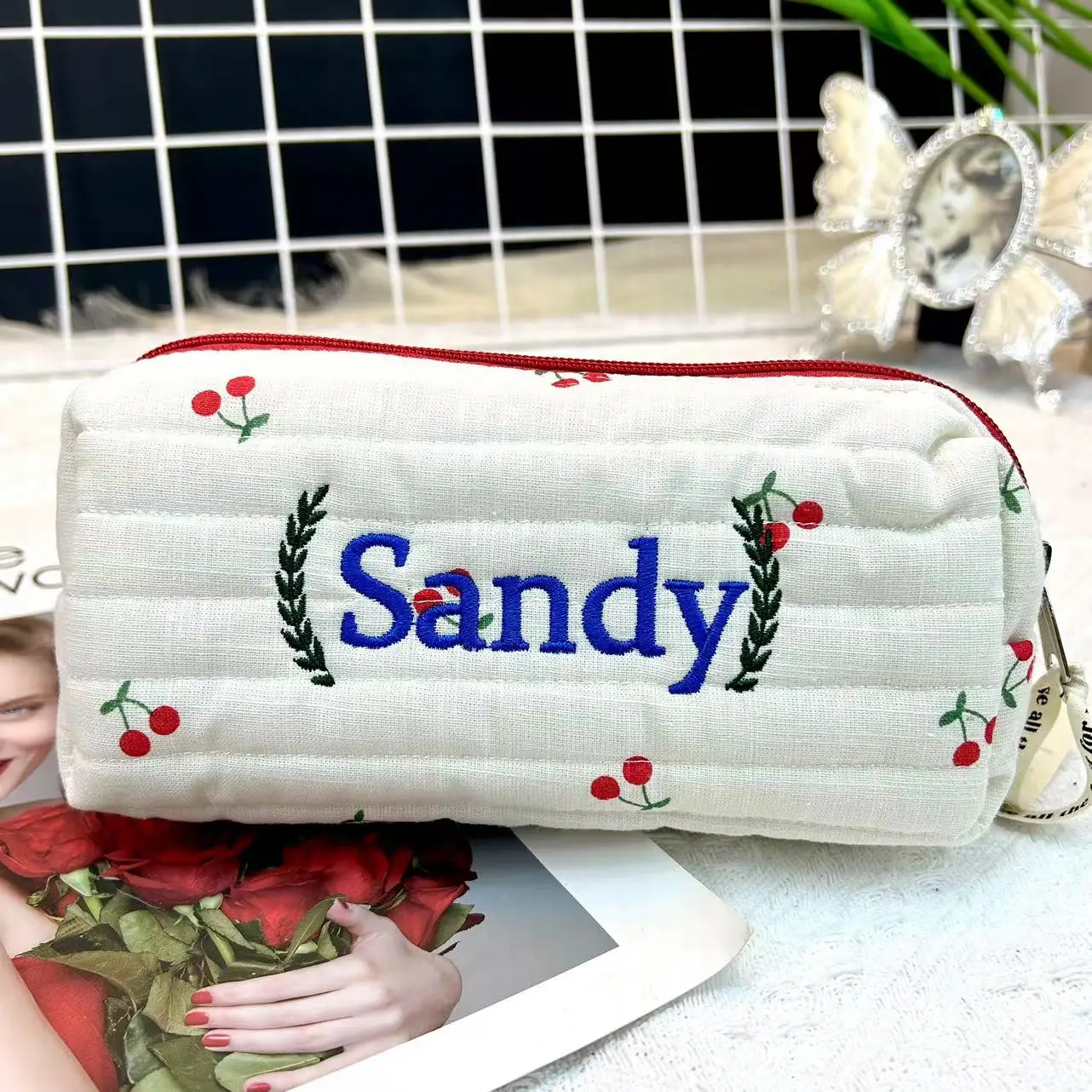 Custom Name Cherry Makeup Bag Personality Cosmetic Bag For Women Travel Toiletries Bags Embroidery Letter gifts Customize Gifts