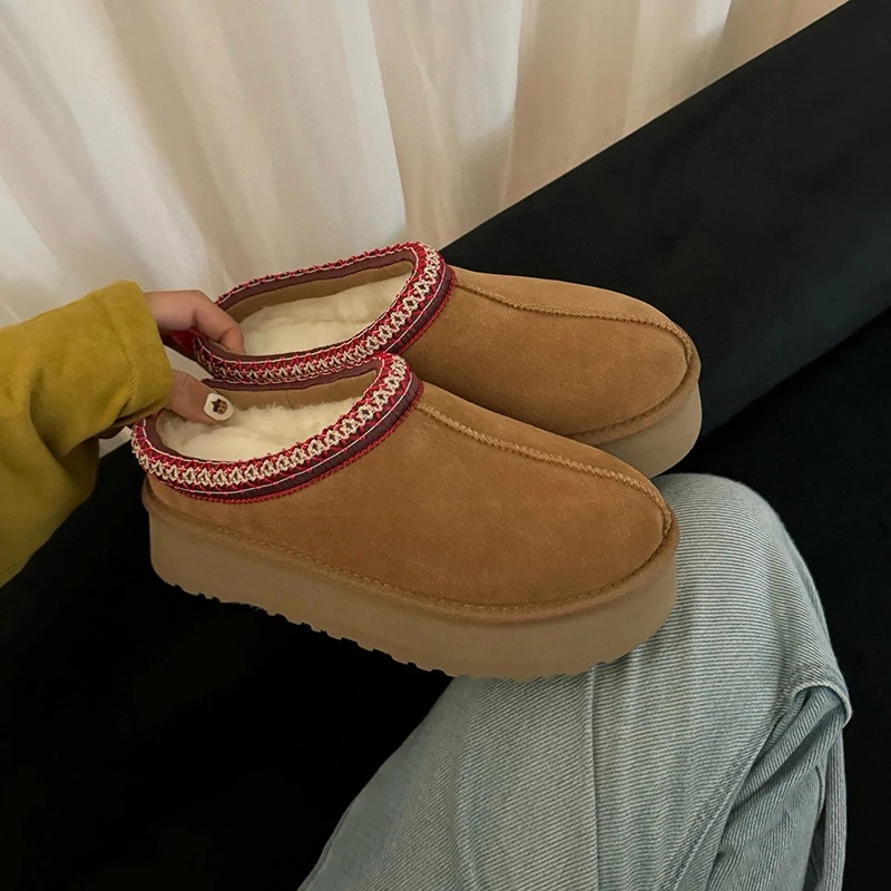 

Tasman Slippers Women's Winter Fashiona Ethnic Style Fur Integrated Warm Wool Leather Thick Bottom Tazz Snow Boots for Women