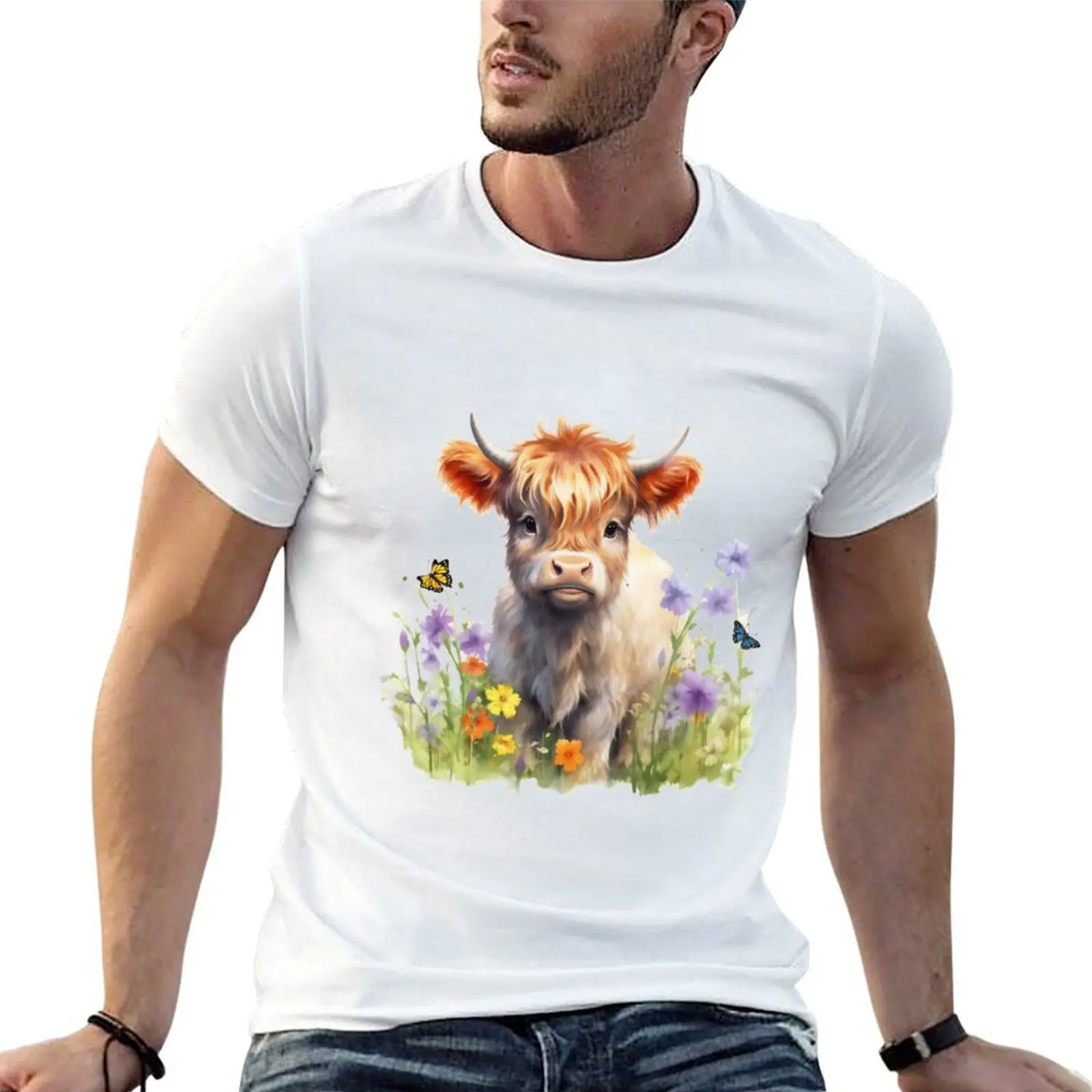 Long Haired Baby Highland Cow T-Shirt Labor Work Casual T-Shirt