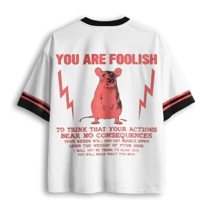 V Neck Mesh Jersey, Retro Red Mouse Lightning You Are Foolish Letter Print Short Sleeve Loose Streetwear Mesh Jersey