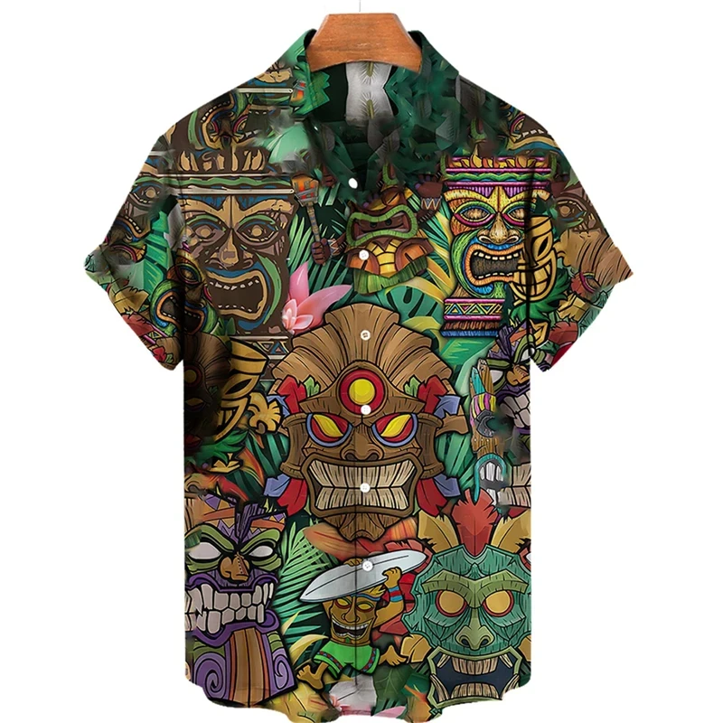 Tiki Moai Shirt Men\'s Clothes 3D Print Hawaiian Shirts Vintage Civilization Horror Skull Graphic Blouses Casual Y2k Aloha shirts