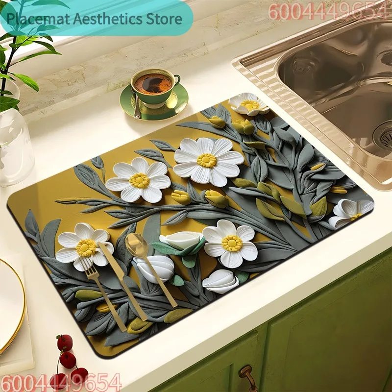 Rural Fresh Style Floral Design Water Mat for Dishes Coffee Machine Washing Machine Drain Pad Water Absorbing Pad Placemat