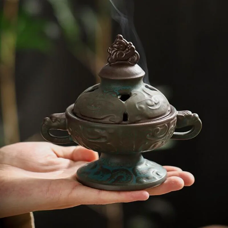 Ceramic Smoking Backflow Burner Double Ear Antique Bronze Grain Sandalwood Incense Holder Aroma Burner Fragrance Home Decoration