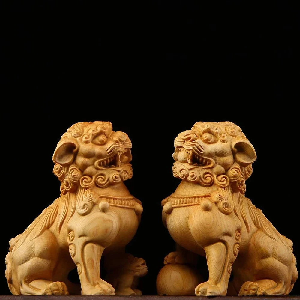 

solid wood carving Beijing town house lion Chinese mascot Wooden hand-carved Home living room bedroom domineering statue