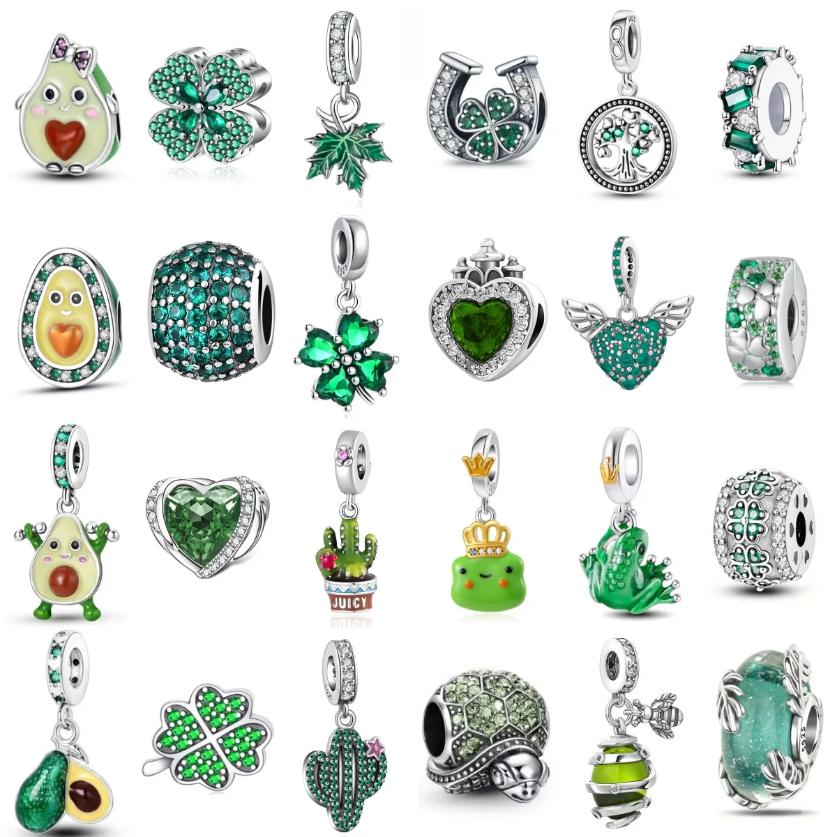 

2026 New 925 Silver Green series Avocado Clover Bead Cactus Heart Wings Charm Fit Original Bracelet Women DIY drink Pendant Gift