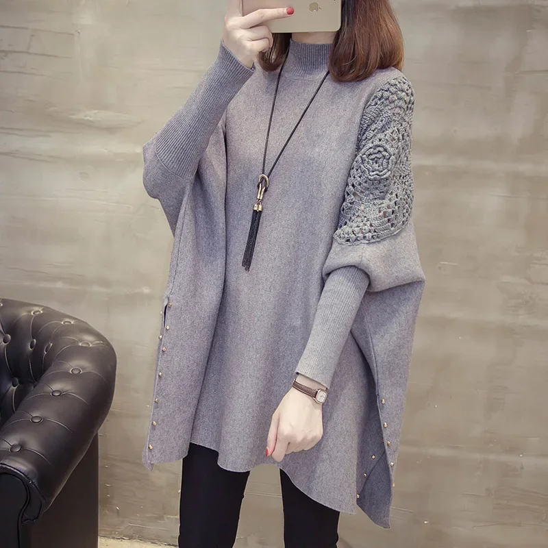 2023 Autumn And Winter New Loose Sweater Coat Women\'s Half-high Collar Pullover Wrap Swing Beading