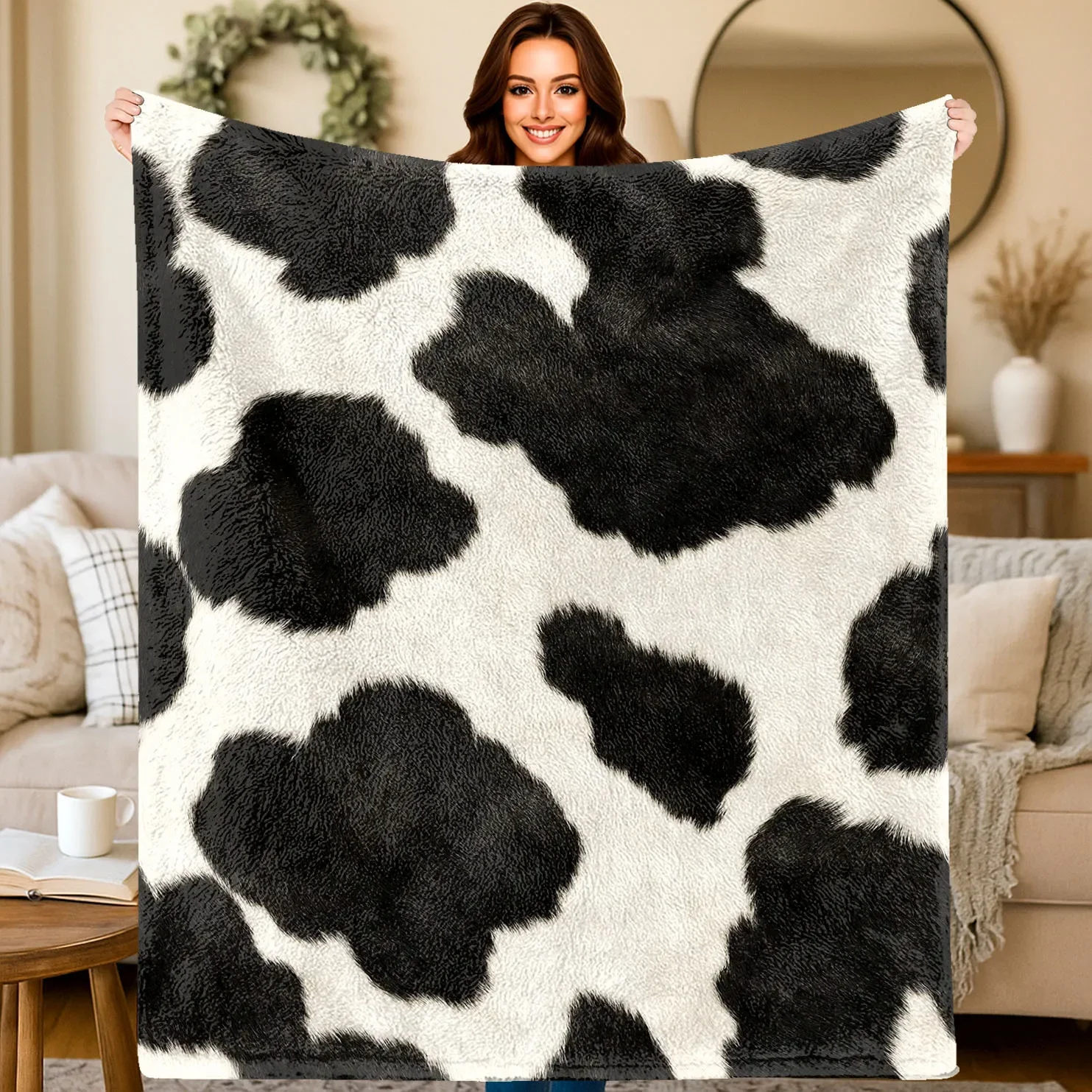 Black White Cow Print Flannel Blanket - Vintage Machine Washable Home Camping Office Party Decor