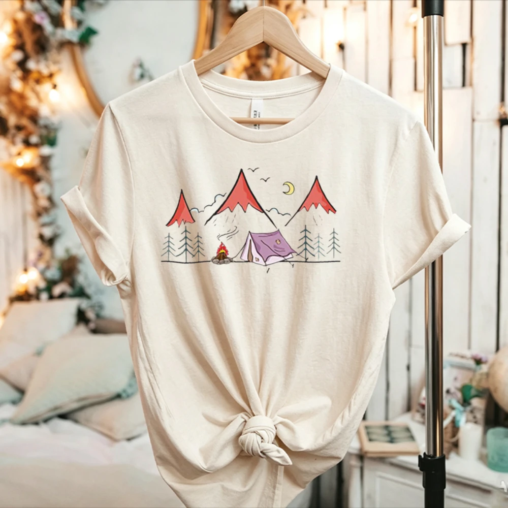Women Cute Mountain Camping Tent Moon Graphic T Shirt Wilderness Nature Tee Casual Outdoor Adventure Tops Gift Female Clothes