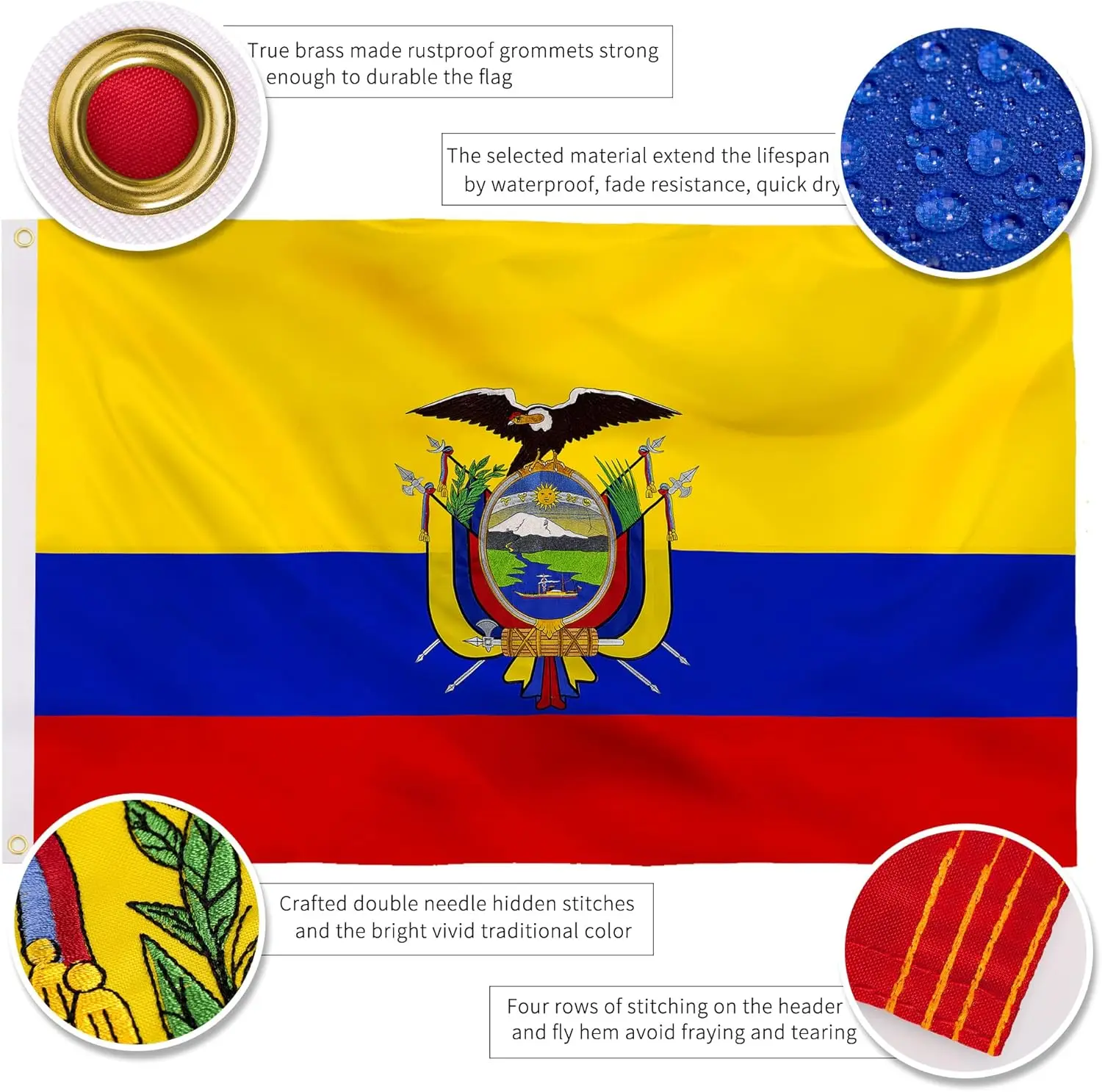 Flagnshow 100% Noly Embroider Ecuador Ecuadorian Flag