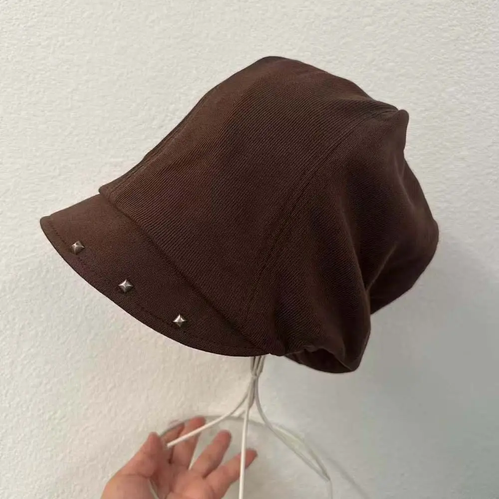 Rivet Ornament Slouchy Beret Face Framing Solid Color Short Brim Hat Elastic Band Retro Texture Studded Beanie Daily Commute