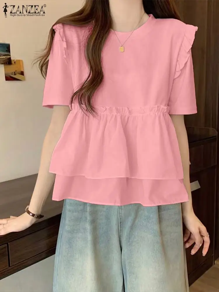 

Korean Solid Women Blouse Summer Sweety Ruffle Short Sleeve Tops ZANZEA 2024 Fashion Patchwork Tunic Casual Loose Lady Blusas