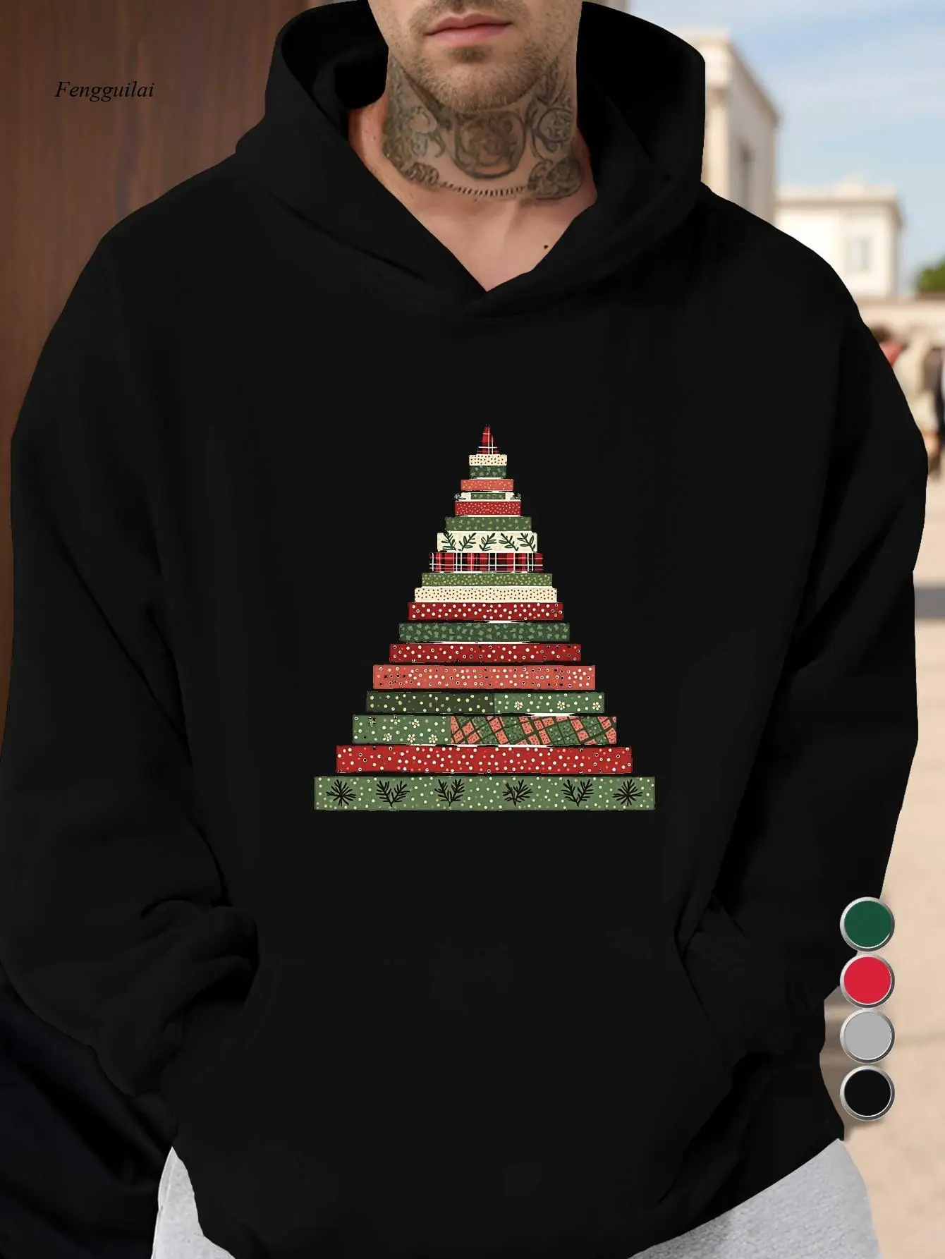 Layered Ribbon Christmas Tree Hooded Sweatshirt - Red & Green Holiday Pullover with Poinsettia & Golden Accent