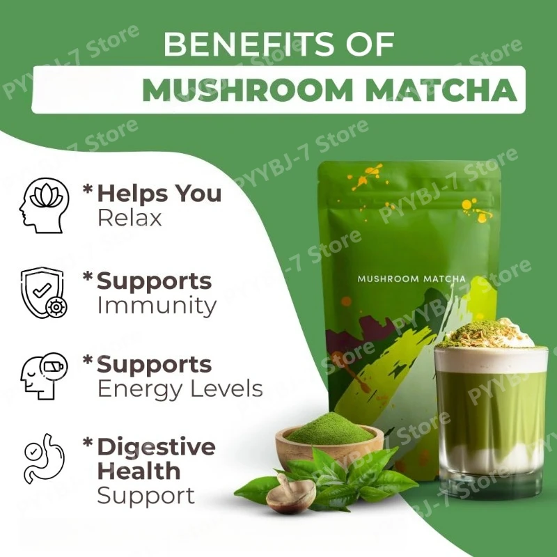 

Organic Matcha Mushroom Powder Natural Nutrients Digestive Friendly All Day Energy Matcha Flavour Daily Health Supportment 180g