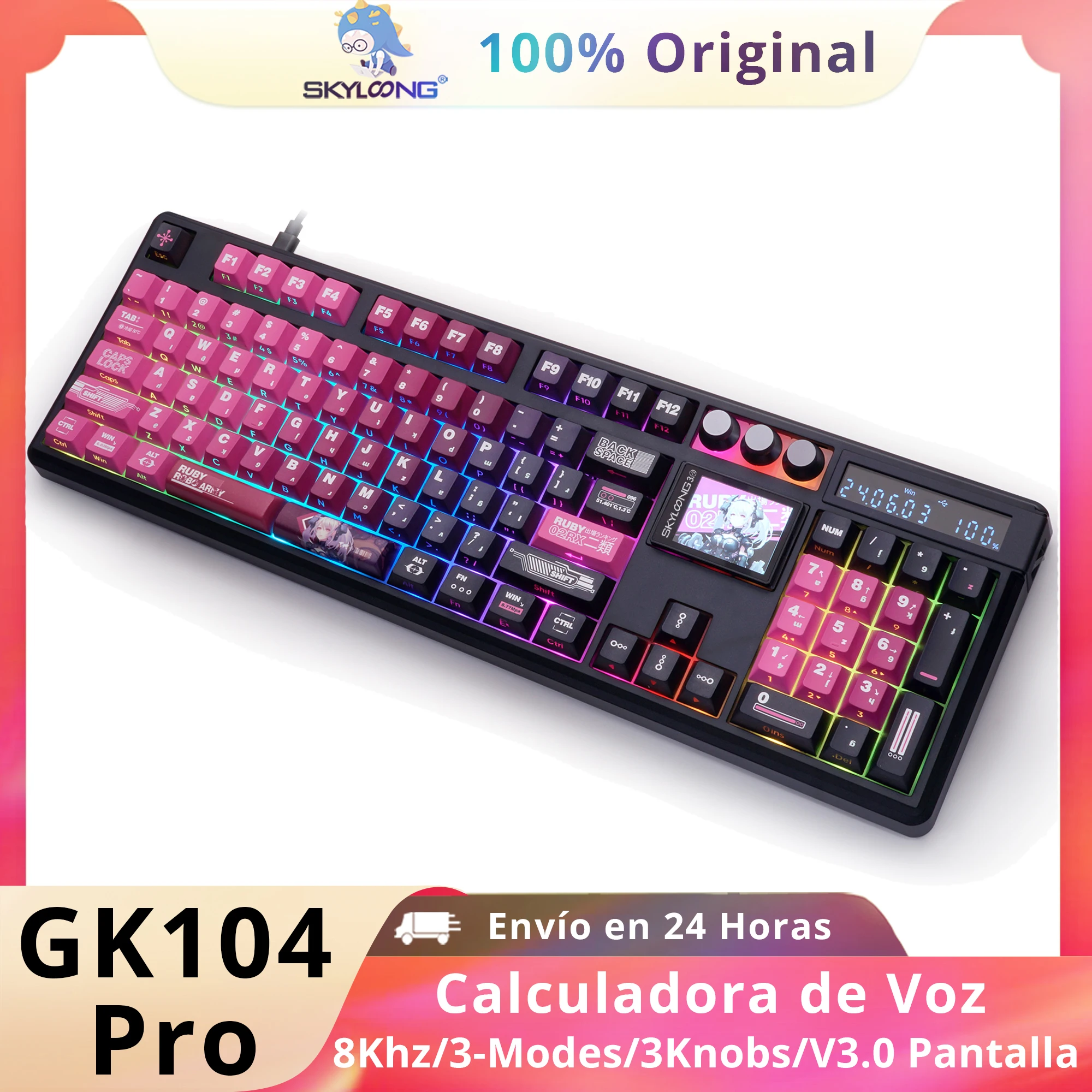 SKYLOONG GK104 Pro Teclado mecánico para jugadores, teclado inalámbrico de tamaño completo, retroiluminado RGB, teclado Macro Konb intercambiable en caliente para PC