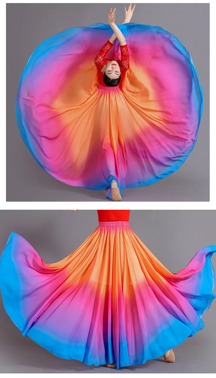Women's 360-720 Degrees Big-hem Dance Skirts Gradient Color Chiffon Maxi Skirts Elastic-waist Elegant Square Dance A-line Skirts