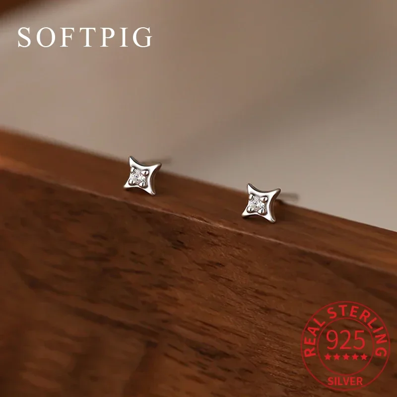 SOFTPIG Real 925 Sterling Silver Zircon 4MM Star Tiny Stud Earrings for Women Fine Jewelry Minimalist Ear Hole Care Accessories