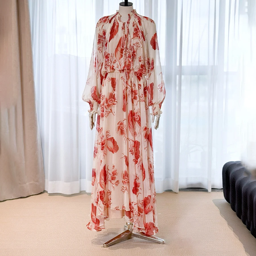 

NIGO Women's Summer Floral Print Rhinestone Beaded High-Neck Long-Line Fitted Solid Color Dress #hz1131