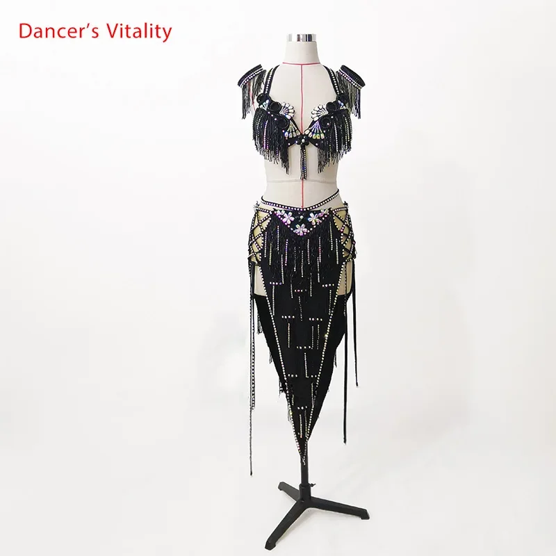 Belly Dance Competition Outfits Customized Bra Diamond Tassel Skirt Set Oriental Indian Drum Dancing Stage Performance Costume