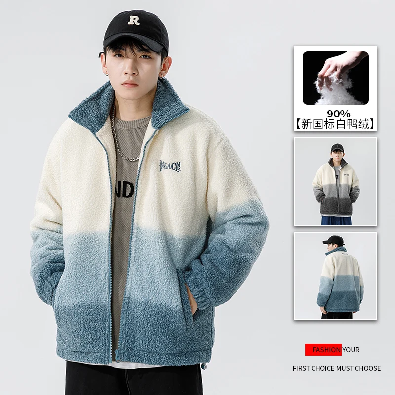 Loose Men's Duck Down Jacket Lamb Velvet Padded Coat Student Casual Winter Outerwear Trendy Ins Style White 90% Fill Power