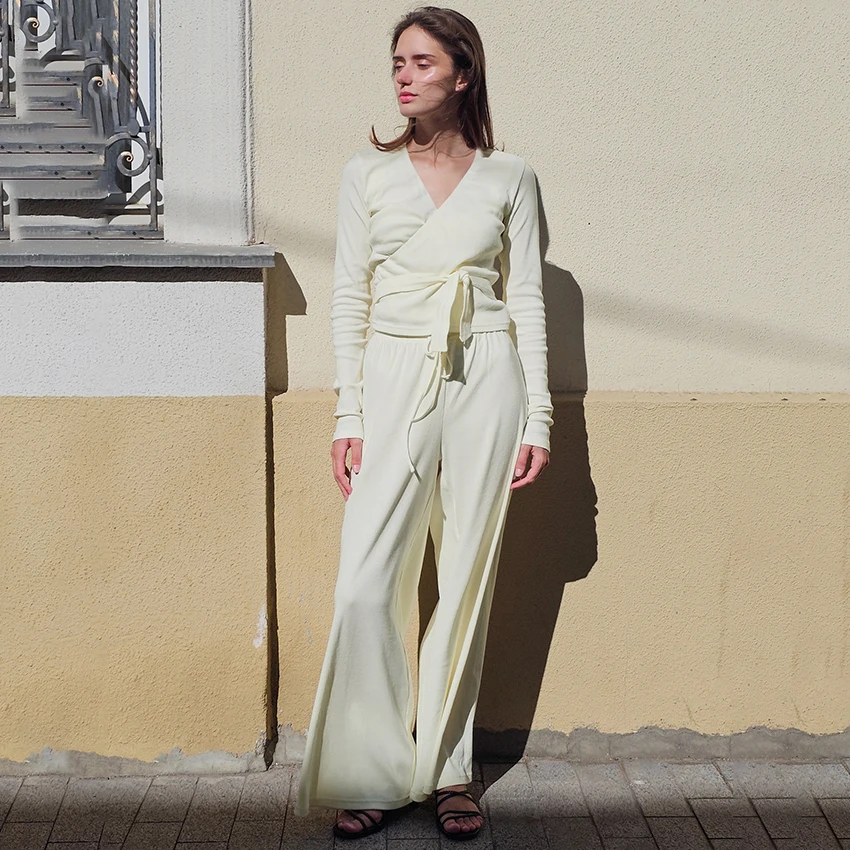 

HiLoc Autumn Casual Apricot Knit Trousers Sets 2025 Basics Wrap Sleep Shirts With High Waist Pants 2 Piece Home Sleepwear 2025