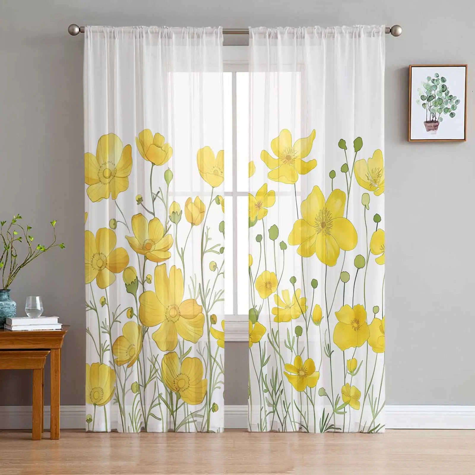 

Minimalist Floral Watercolor Chrysanthemums Sheer Curtains for Living Room Bedroom Window Treatment Kitchen Chiffon Curtain