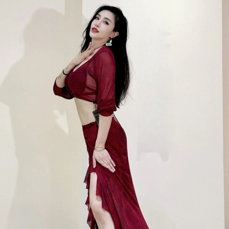 Abito da pratica di danza del ventre sexy Swegal personalizzato Set di maglie stampate rosso vino nobile Costumi di danza orientale Vestito da pratica