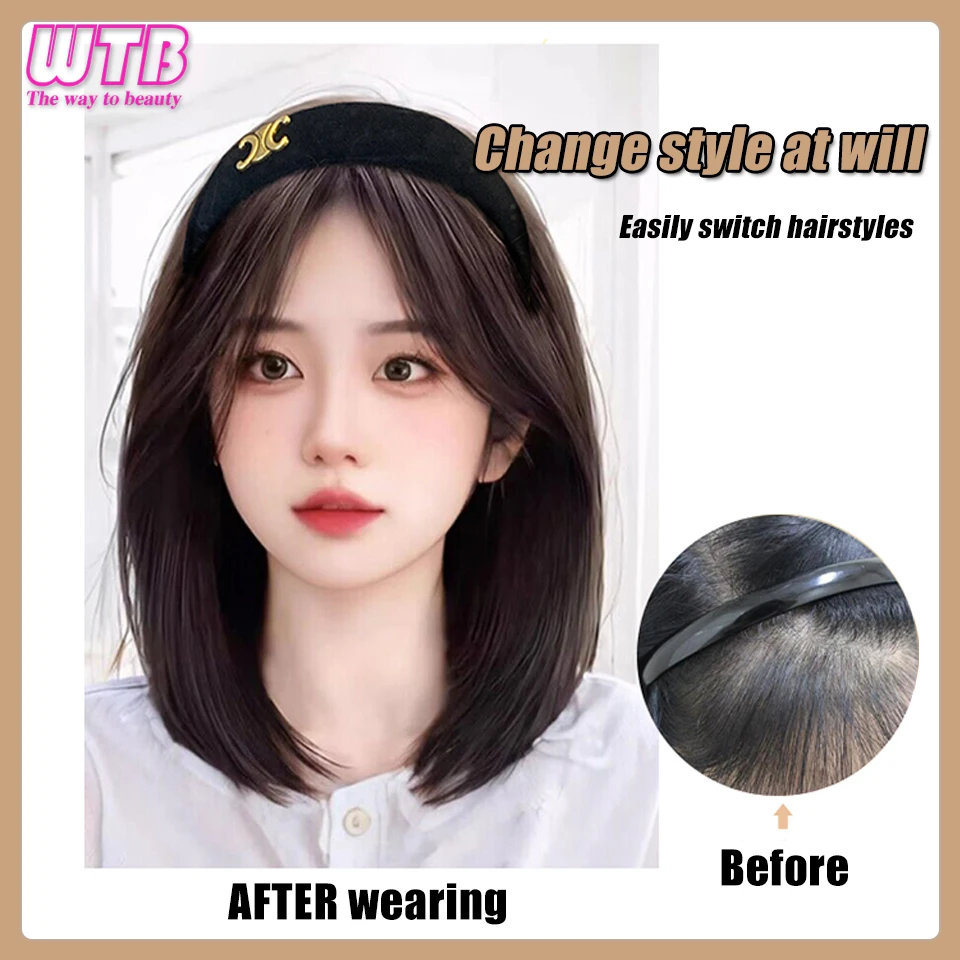 WTB Synthetic Headband Wig Natural Short Straight Hair Daily Party Cosplay Wigs For Women Black Brown Heat Resistant Fiber