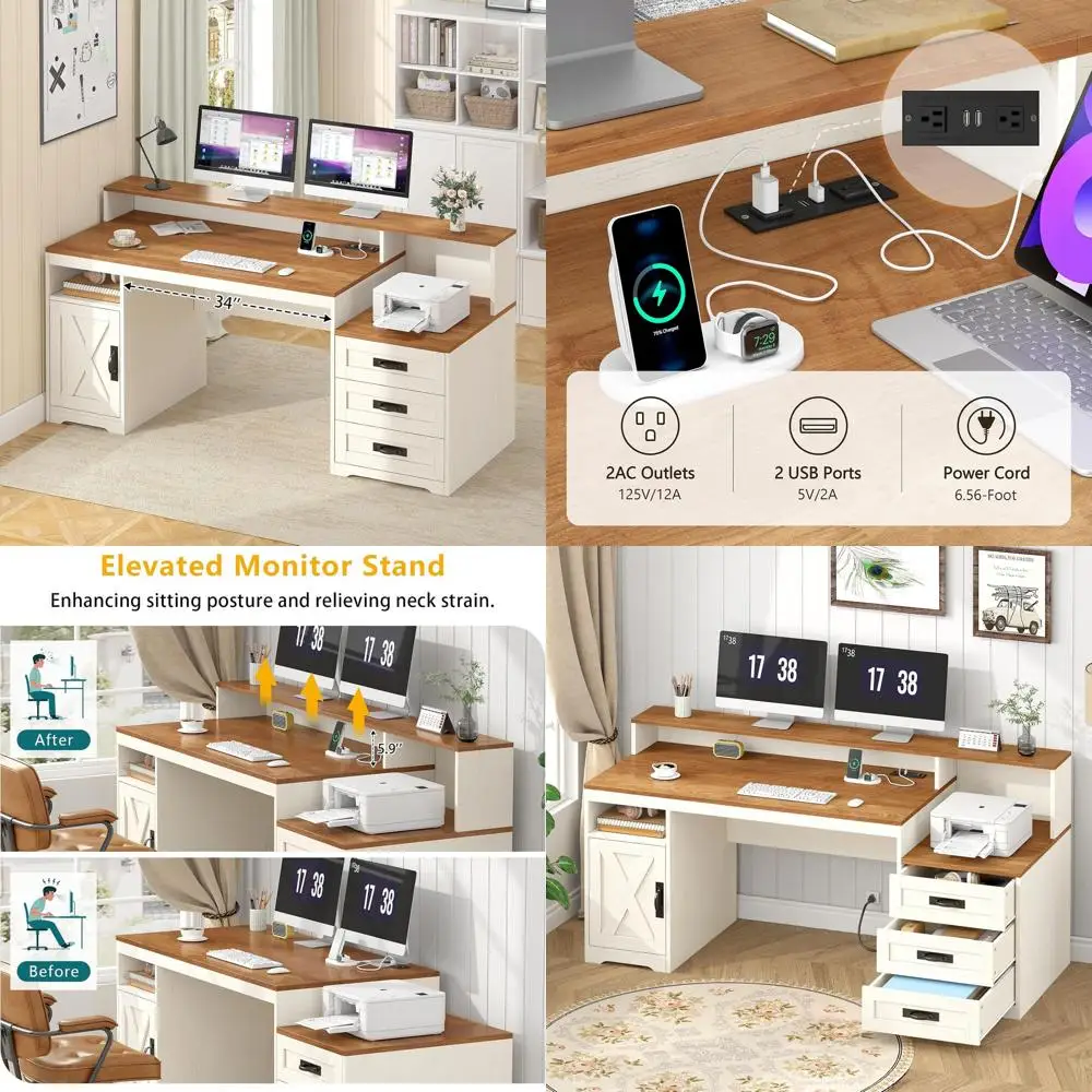 

65'' Home Office Desk with Drawers, Power Outlets, Storage, and Printer Stand - Brown & White