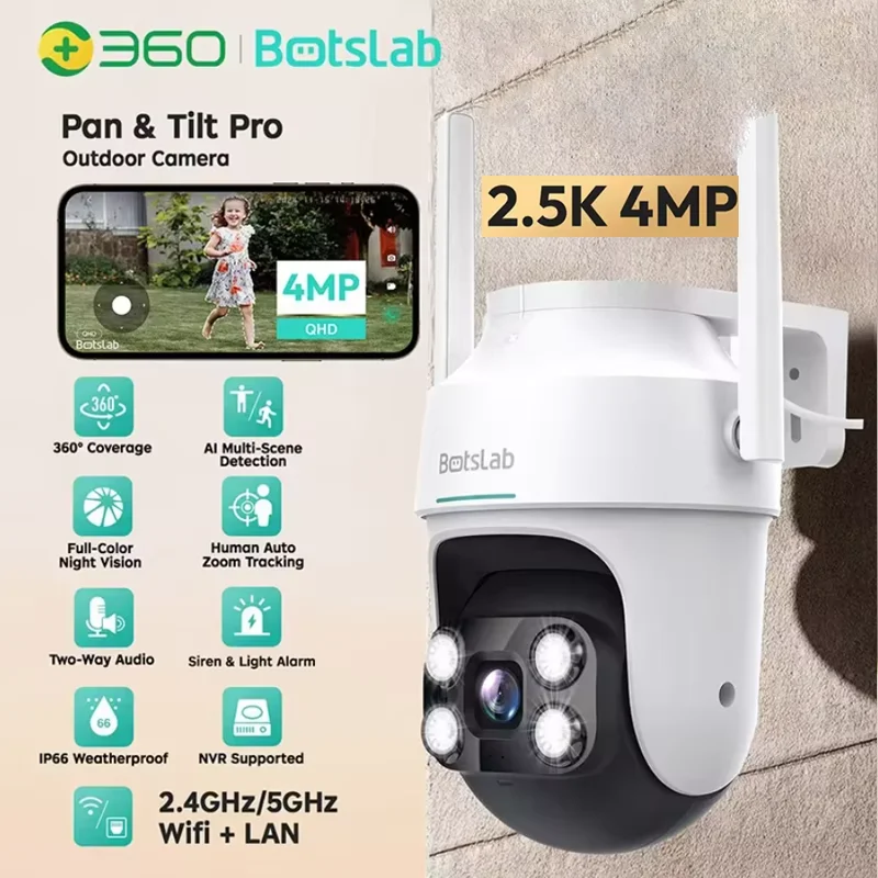 Botslab 2.5K 4MP HD Outdoor Camera Wireless PTZ WiFi IP66 Smart Home Camera Siren and Light Alarm Full Color Night Vision Camera