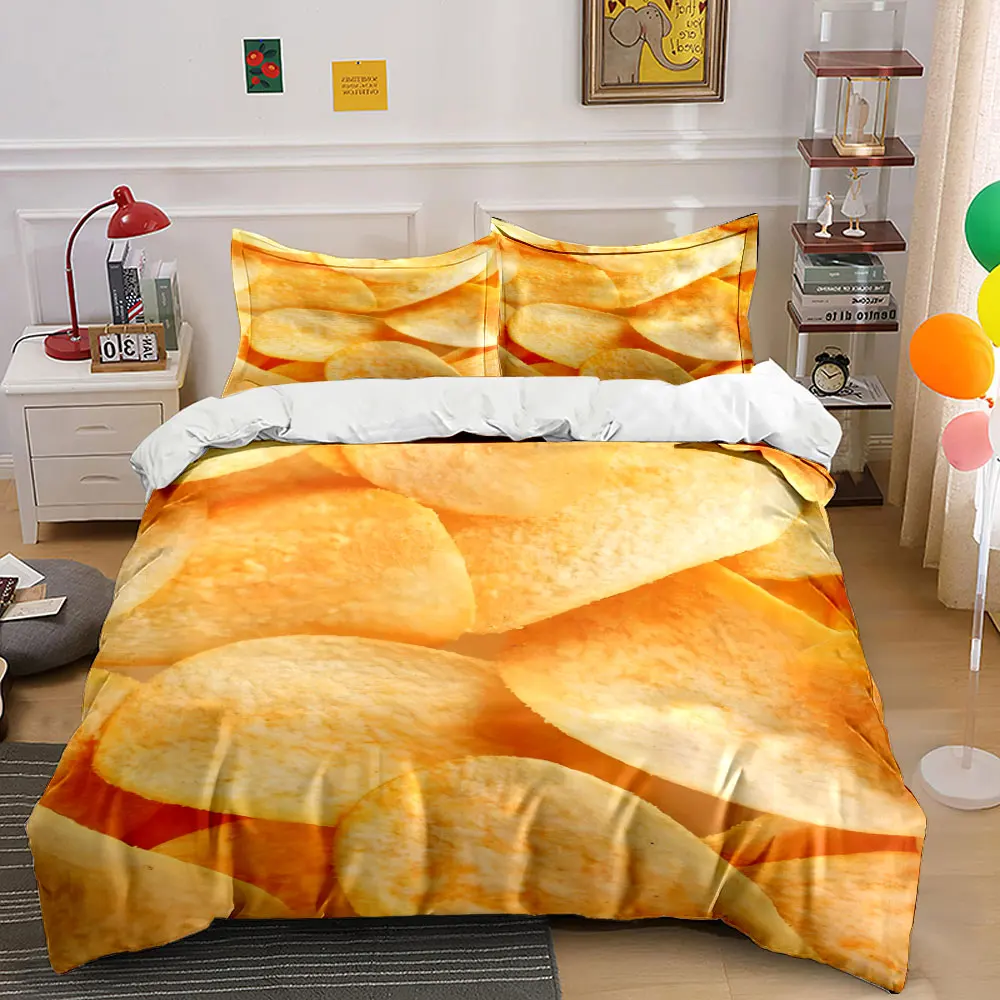 Close-up of golden crispy chips Print Bedding Set 1 Duvet Cover 2 Pillowcases for Adult and Children Luxury Gift Full Size