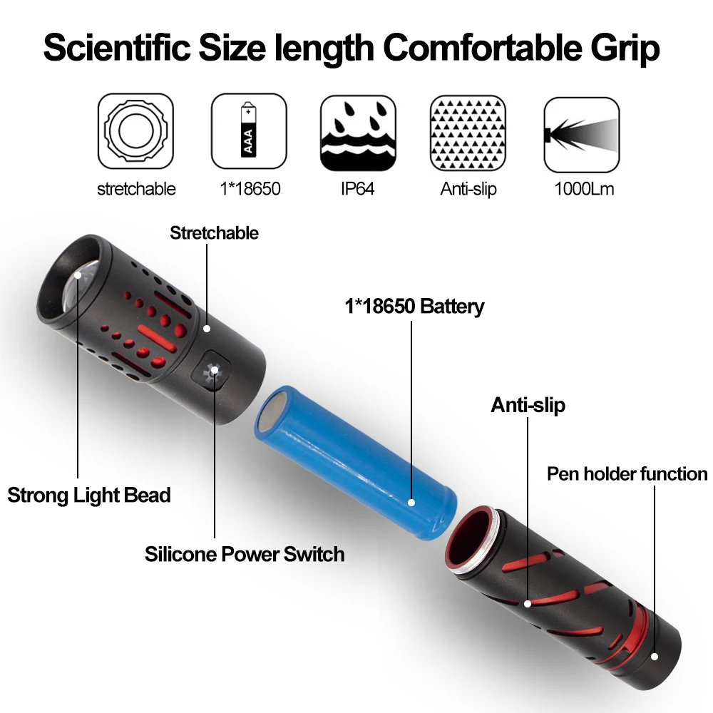 USB recarregável lanterna led, Long Shot tocha, luz forte, camping lâmpada, alta potência, tático lanterna led, 18650 bateria, branco