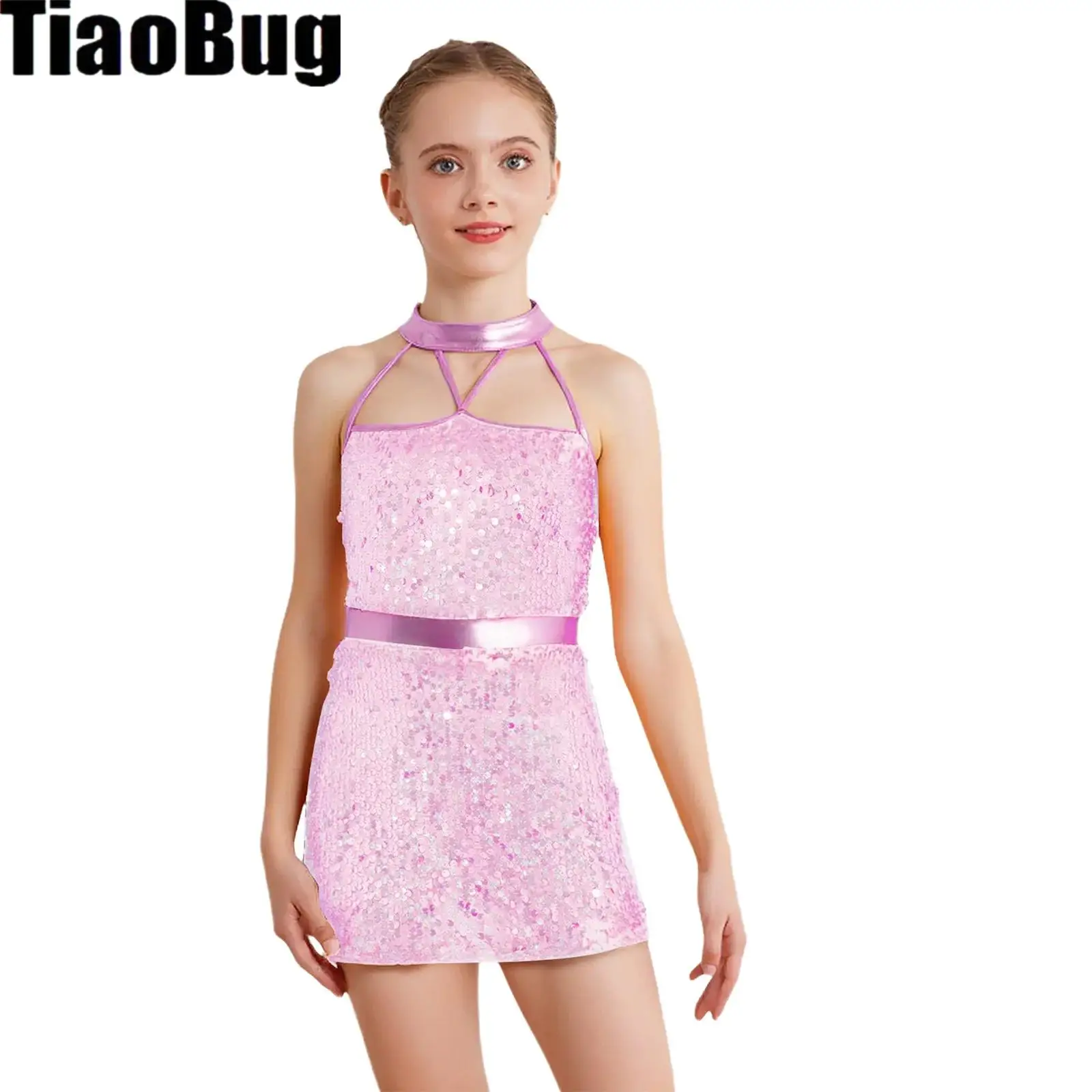 

Kids Girls Sparkling Sequins Jazz Dress Halter Strappy Sleeveless Back Invisible Zipper Dress with Metallic Shorts