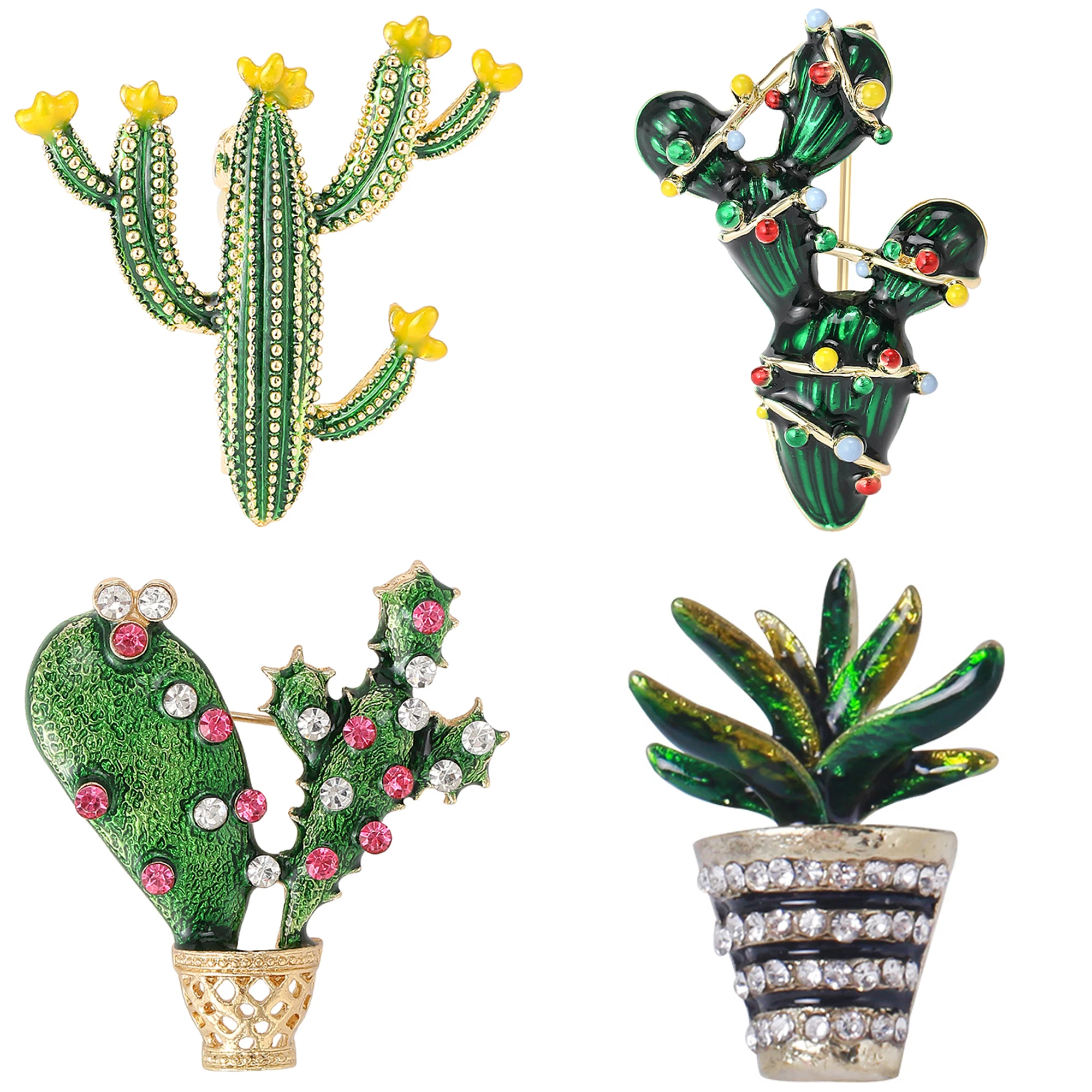 Enamel Cactus Brooches for Women Unisex Green Rhinestones Plant Pins Banquet Party Backpack Gifts Jewelry Accessories