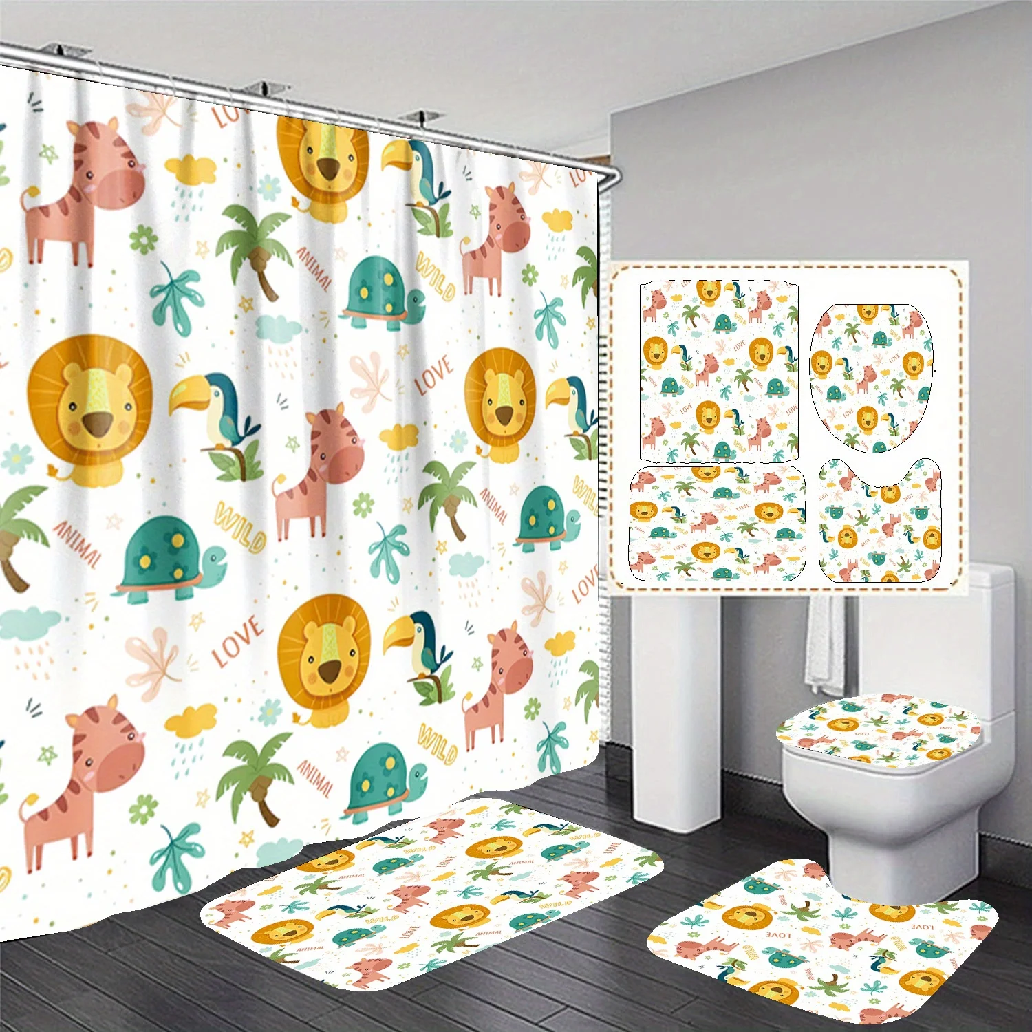

4 шт., занавеска для ванной комнаты с рисунком маленького льва, украшение для ванной комнаты, чехол на сиденье унитаза, коврик для ванной, полиэфирная занавеска с