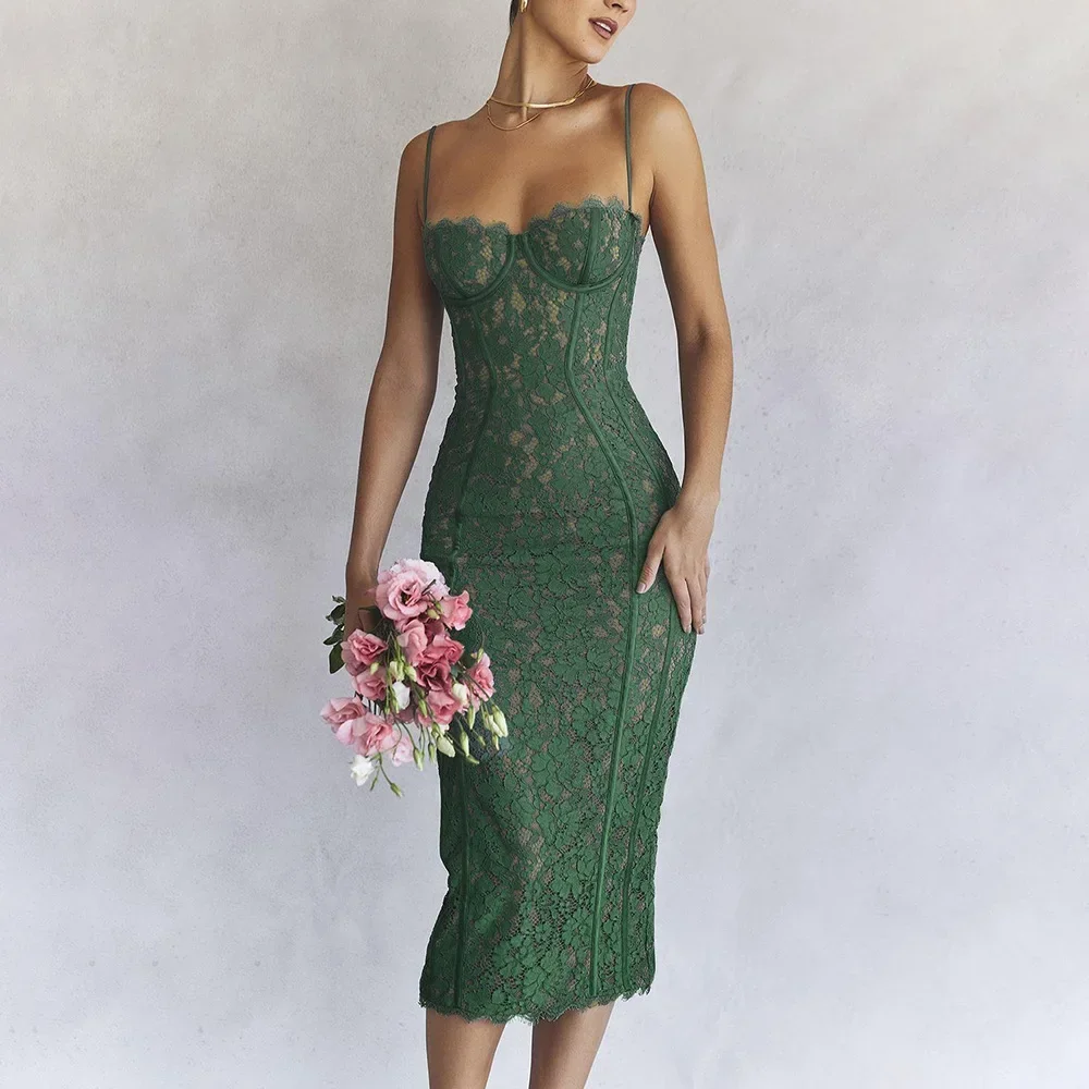 Summer Midi Green Dress Elegant Spaghetti Strap Wedding Guest Party Dresses Sexy Birthday Dresses for Women 2024