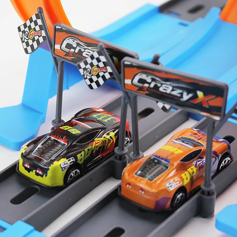 Kinder Doppel Auto Räder Modell Racing Track Spielzeug DIY Zusammengebaute Schiene Kits Katapult Schiene Auto Racing Junge Spielzeug Für Jungen Mädchen Geschenke