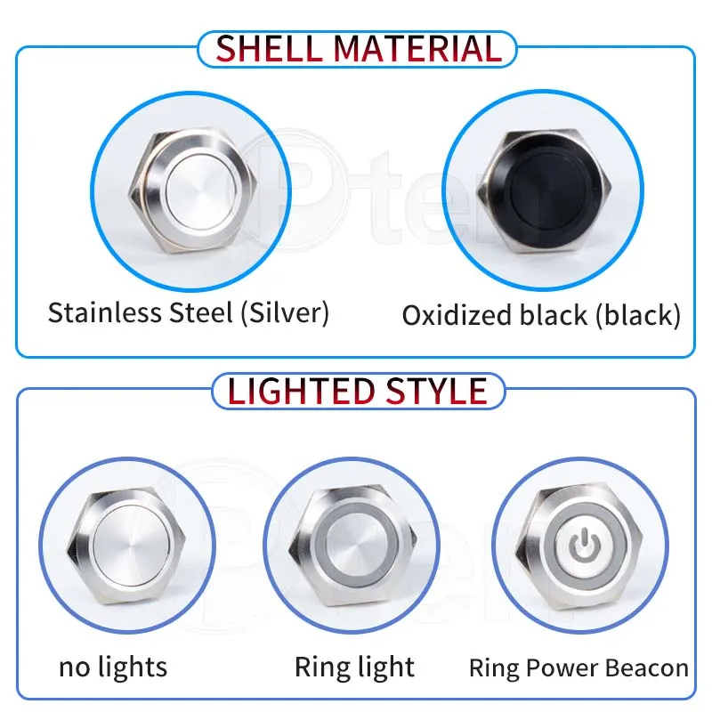 1PCS12/16/19/22/25/30mm Short Stroke Mini Waterproof Metal Push Button Switch Power Led Light Momentary 5/12/24/220V black1NC1NO