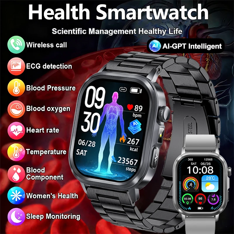 

New Uric Acid Blood Lipid Body Fat Health Smartwatch Woman Men ECG Heart Rate Blood Pressure Monitor SOS Al Voice Man Smartwatch