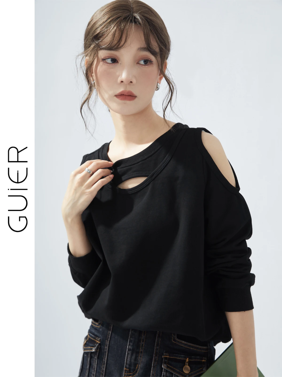 

Женский свитшот Guier с вырезами, круглый вырез горловины, приталенный, весна-осень, новый дизайн 2025, повседневный, комфортный, свободный крой