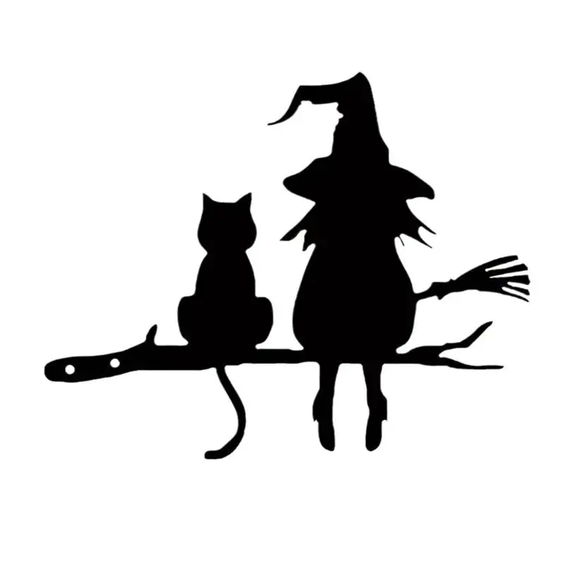 A02M-Iron Silhouette Cute Witch And Cat Garden Stake On The Branch Yard Art Decor, Tree Stump Plug-In, For Garden Courtyard