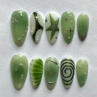 24pcs Summer Green Almond Press on Nails Fashion y2k Star Print False Nails Ins Simple Wearable Reusable Fake Nails for Women